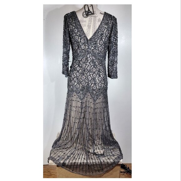 Pisarro Nights Beaded Illusion Evening Gown, Charcoal Gray, Womens Size 10 - Picture 4 of 8